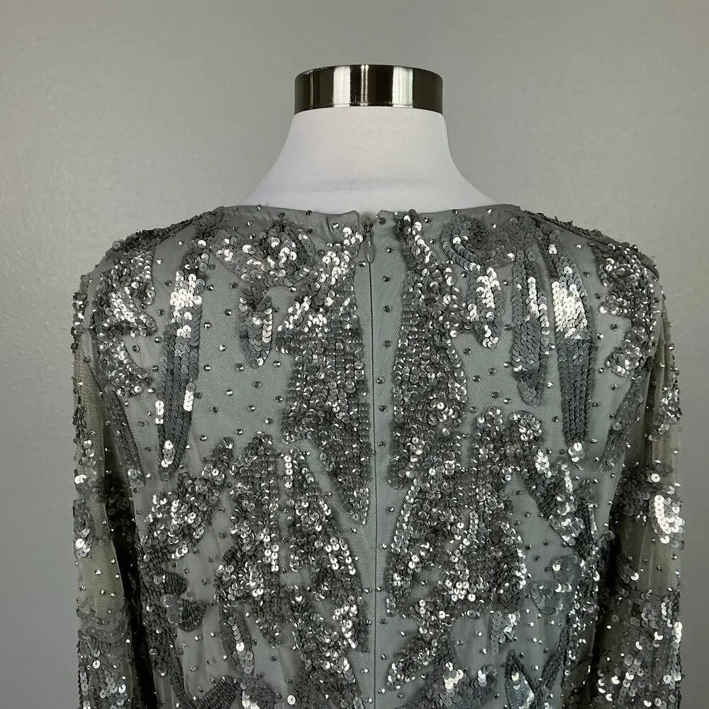 Mac Duggal 5222 Silver Evening Gown Sequined Long Sleeve A-Line Dress Size 12 - Picture 9 of 12